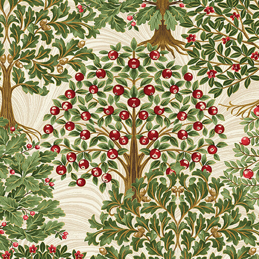 Decorative pattern of trees with red fruits on a beige background