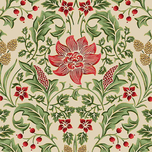 Decorative pattern with red flowers, green leaves, and red berries on a beige background