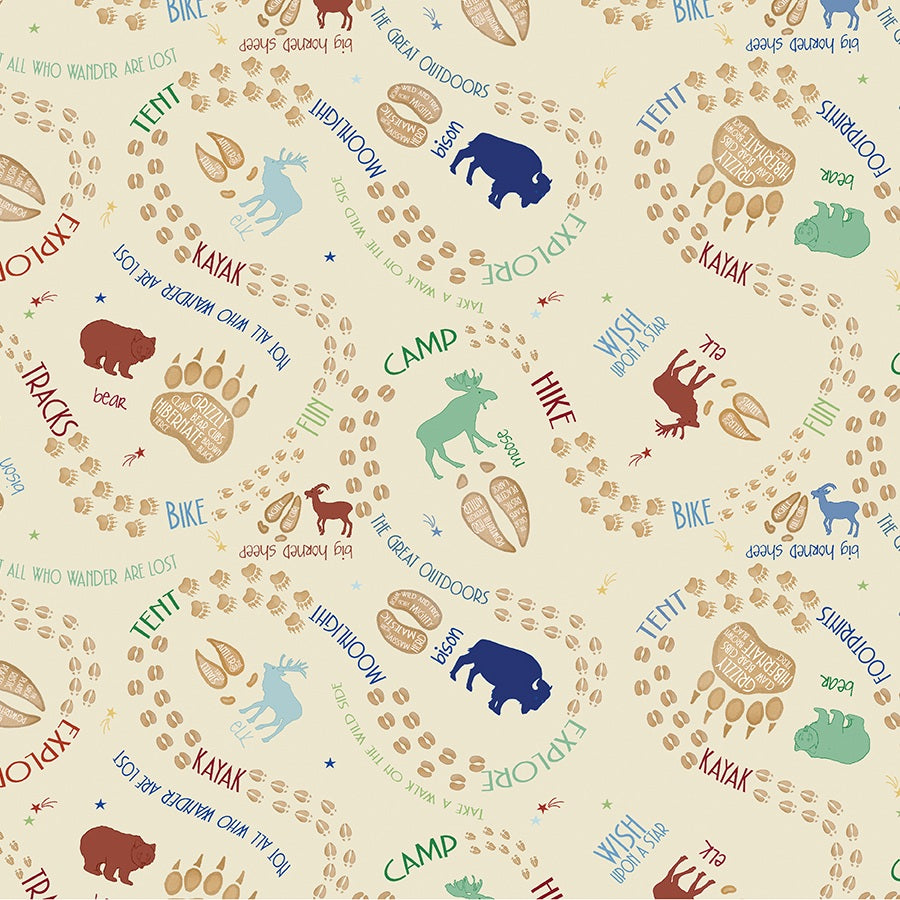 A repeating pattern of outdoor-themed illustrations on a light beige background, including brown bear paw prints, blue moose and blue deer, with words such as CAMP, BIKE, HIKE, and EDITION.