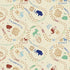 A repeating pattern of outdoor-themed illustrations on a light beige background, including brown bear paw prints, blue moose and blue deer, with words such as CAMP, BIKE, HIKE, and EDITION.
