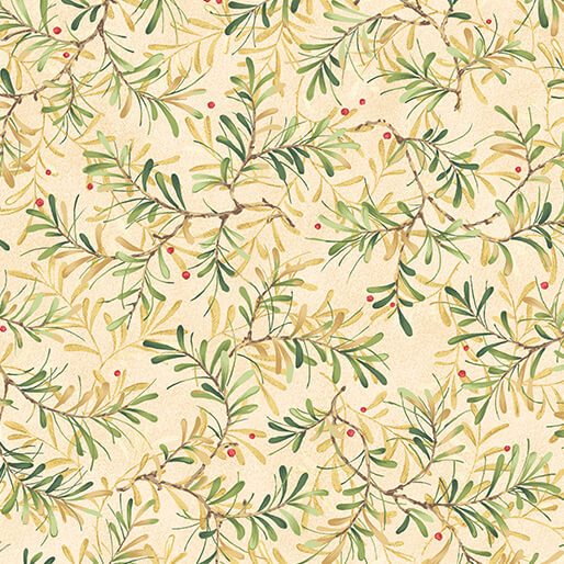 Pattern of green leaves and red berries on a beige background