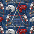 A repeating seamless pattern featuring hockey gear, including red and silver helmets, gloves, sticks, pucks, and a digital clock, set against a blue hockey rink background.