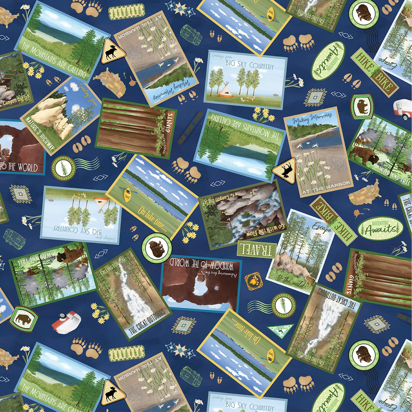 A repeating pattern of vintage-style travel postcards and stamps on a dark blue background, featuring camping, hiking, and outdoor scenes with bears, trees, lakes, and text such as 'Big Sky Country' and 'Travel'.