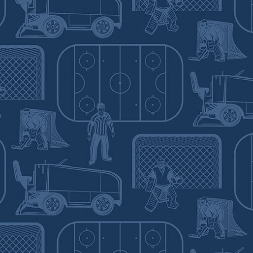 A repeating pattern of hockey-themed illustrations in light blue on a dark navy background, including ice rinks, skates, goal nets, and ice resurfacer vehicles.