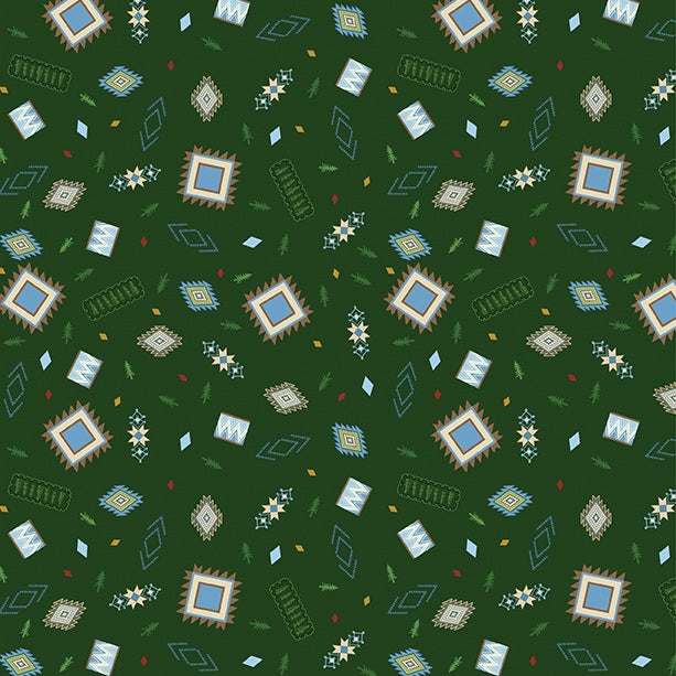 A repeating festive pattern on a dark green background featuring geometric diamond motifs in beige, blue, white, and gold, alongside small evergreen trees and white star-like flowers.