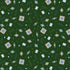 A repeating festive pattern on a dark green background featuring geometric diamond motifs in beige, blue, white, and gold, alongside small evergreen trees and white star-like flowers.