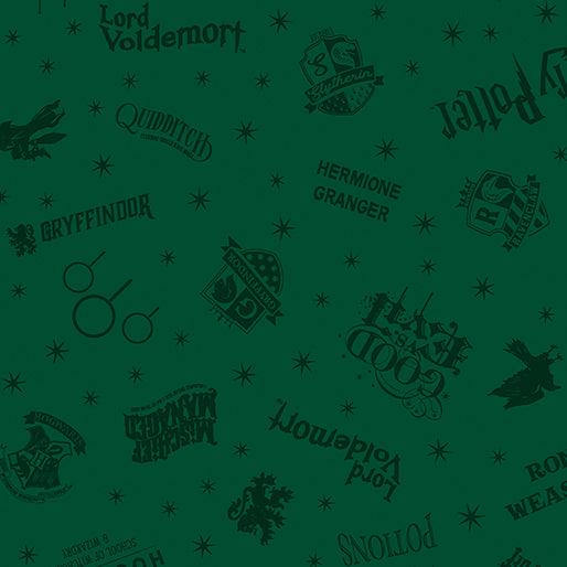 Fabric Benartex Dark Green Shadow Words Harry Potter 2nd Edition by the Quarter Yard 15224-45