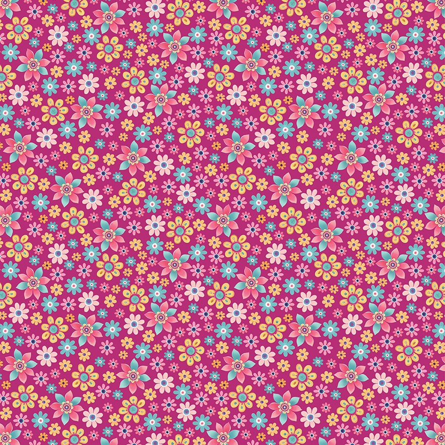 A dense, seamless retro floral pattern featuring small daisy-like flowers in pink, yellow, light blue, and white on a vibrant magenta-pink background.