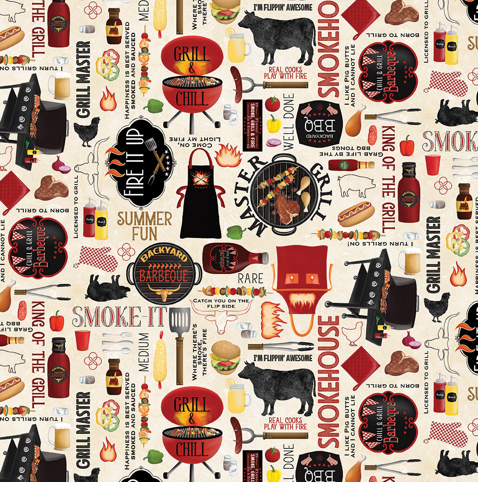 Fabric Benartex Ecru Backyard BBQ Hot Stuff by the Quarter Yard 15091-70