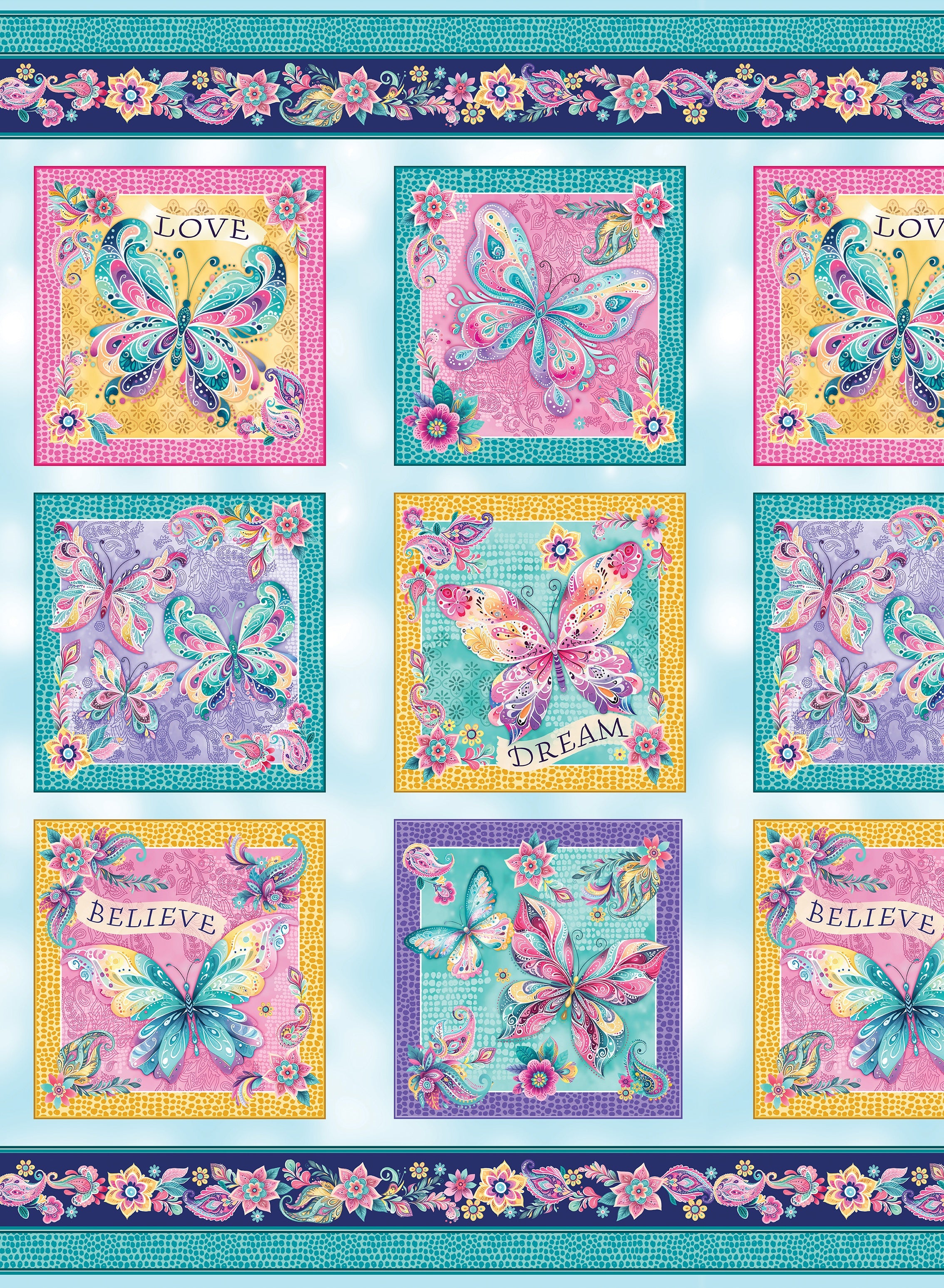 A quilt pattern or fabric design featuring a 3x3 grid of colorful butterfly panels with inspirational words like LOVE, DREAM, and BELIEVE, framed by floral borders at the top and bottom.