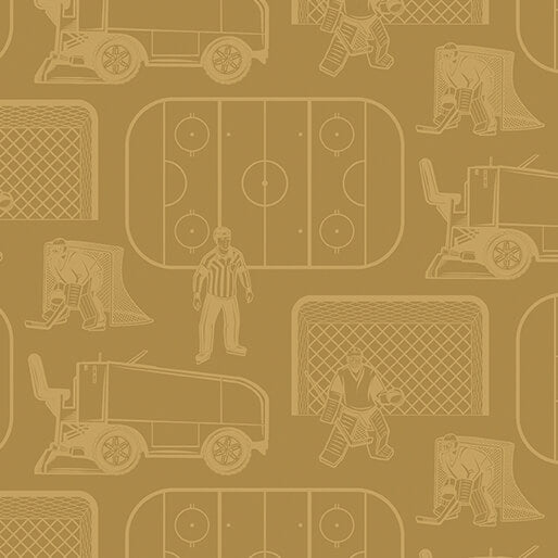A repeating pattern of light tan line drawings on a warm brown background, featuring hockey themes including ice rinks, goals, skates, and ice resurfacing vehicles.