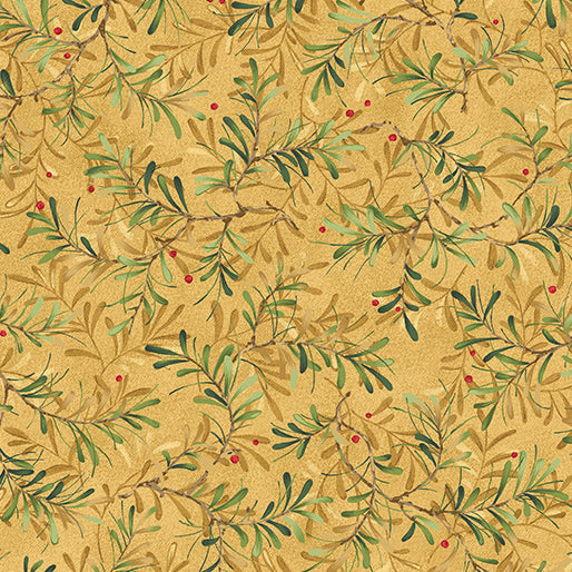 Pattern of green leaves and red berries on a beige background