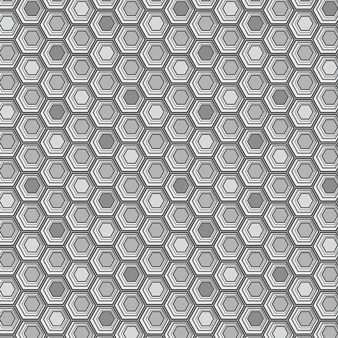 A repeating geometric pattern of hexagons and octagons in multiple shades of gray, arranged in a honeycomb-like layout.