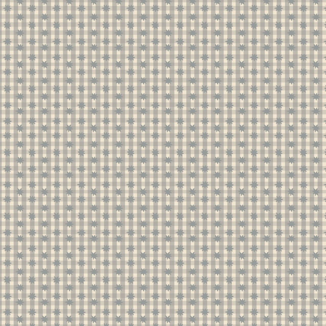 A repeating gingham-style check pattern in warm beige and muted gray, with small star-like motifs centered over each square.
