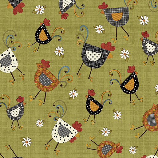 Fabric Benartex Green Chicken Dance Prairie Chicks by the Quarter Yard 16754-44