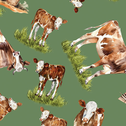 Pattern of brown and white cows on a green background