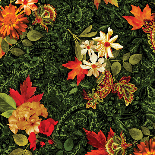 Fabric Benartex Green Harvest Floral Bouquet Harvest Lawn by the Quarter Yard 15276L-44