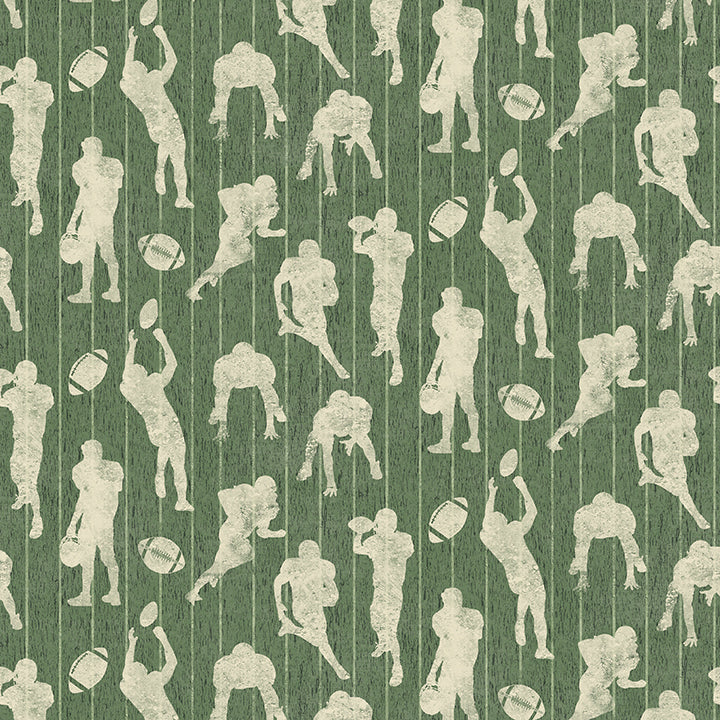 A repeating pattern of distressed off-white American football player silhouettes and footballs on a textured dark green background with vertical wood-plank lines.