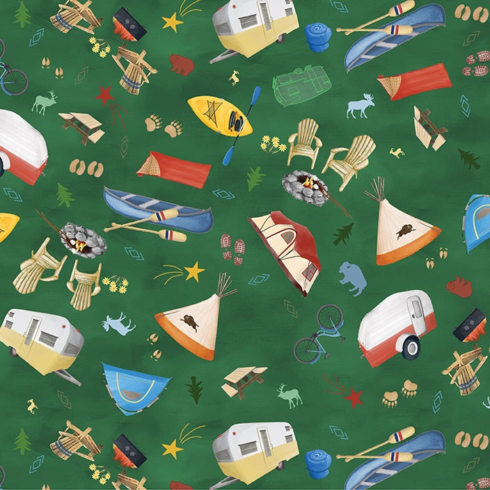 A repeating green pattern featuring illustrated camping and outdoor elements, including trailers, tents, campfires, chairs, oars, bicycles, stars, and small animal silhouettes.