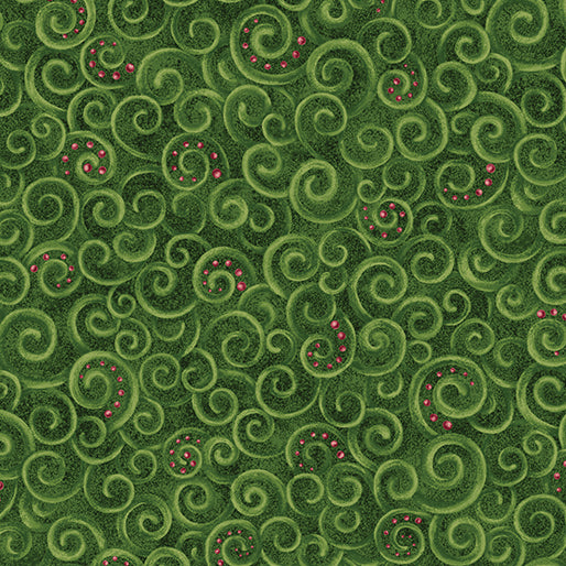 Green patterned fabric with swirling designs and small red accents
