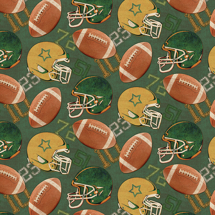 A repeating pattern of footballs and football helmets on a dark green background with white numbers and stripes. The footballs are brown with white laces and stripes, and the helmets are green and yellow with white facemasks and star details.