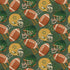 A repeating pattern of footballs and football helmets on a dark green background with white numbers and stripes. The footballs are brown with white laces and stripes, and the helmets are green and yellow with white facemasks and star details.