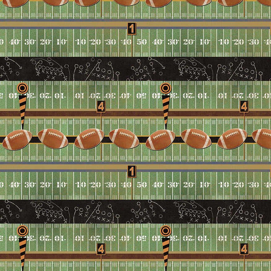 A repeating football-themed pattern featuring green and black yard lines, white numbers, brown footballs, and small play-call illustrations.