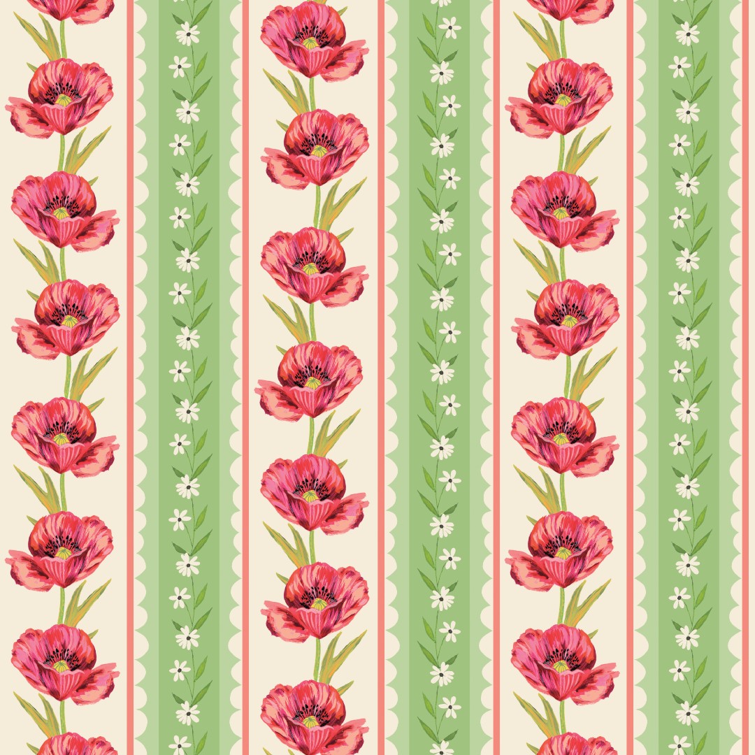 A repeating vertical floral pattern featuring pink flowers on a cream background with green and coral striped bands, white dotted motifs, and scalloped borders.