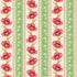A repeating vertical floral pattern featuring pink flowers on a cream background with green and coral striped bands, white dotted motifs, and scalloped borders.