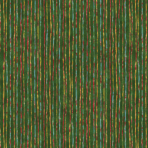 Textured fabric with multicolored vertical stripes on a green background