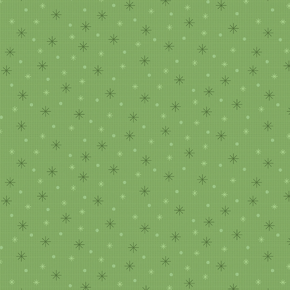 A repeating pattern of small starbursts and dots in dark and light green on a medium green background.