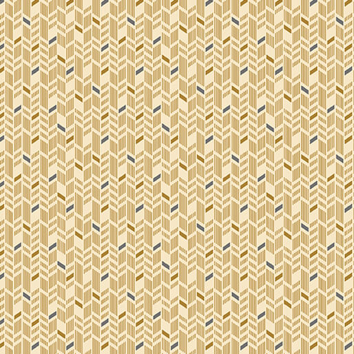 A repeating geometric pattern of vertical herringbone and chevron-like lines in warm beige, tan, muted gold, and small slate-blue accents on a cream background.