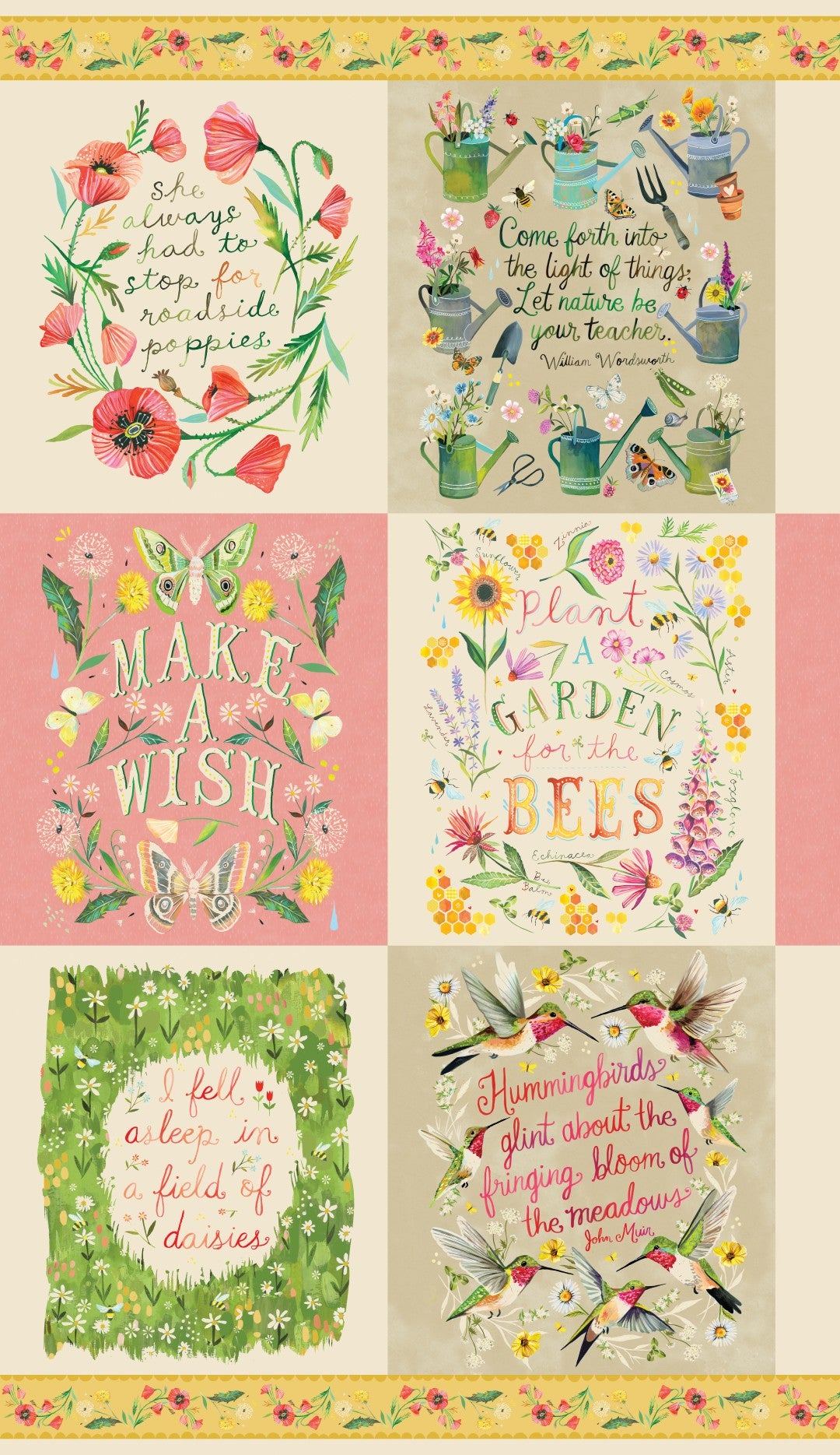 Set of six floral and text blocks on a fabric panel with motivational quotes on a beige background.