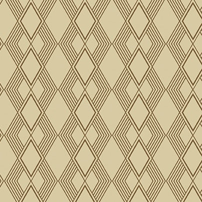 Beige wallpaper or fabric featuring a repeating geometric pattern of nested diamonds and arrows in a dark brown color.