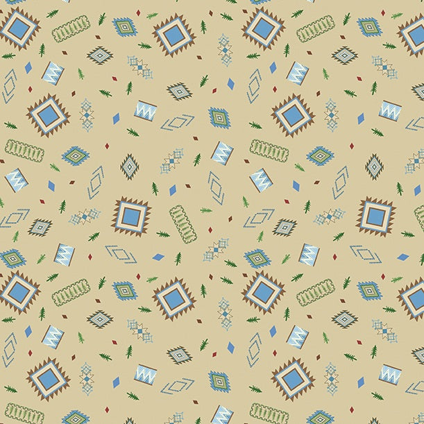 A repeating Southwestern-style geometric pattern on a warm beige background, featuring blue, brown, green, and white diamond motifs, stylized pine trees, and small red accents.