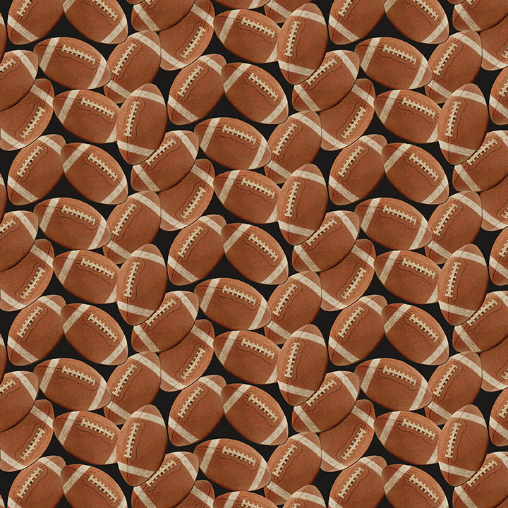 A repeating pattern of brown American footballs with white laces on a black background.