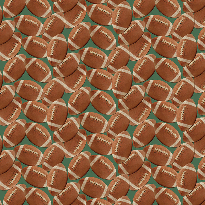 A repeating pattern of brown American footballs with white laces on a muted green background.