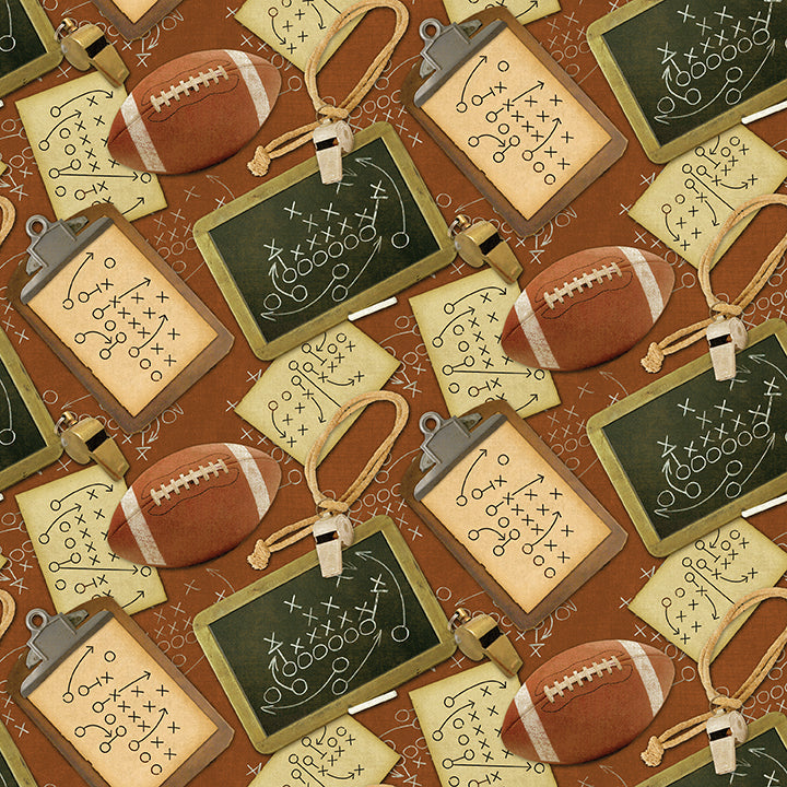 A repeating pattern featuring footballs, chalkboard play diagrams, and clipboard game cards on a warm brown background.