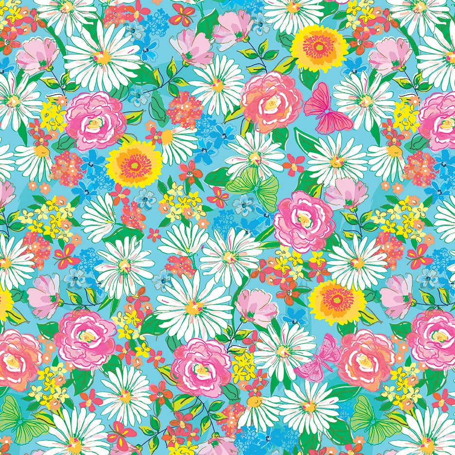 Fabric Benartex Light Blue Floral Paradise Tropical Splash by the Quarter Yard 15180-50