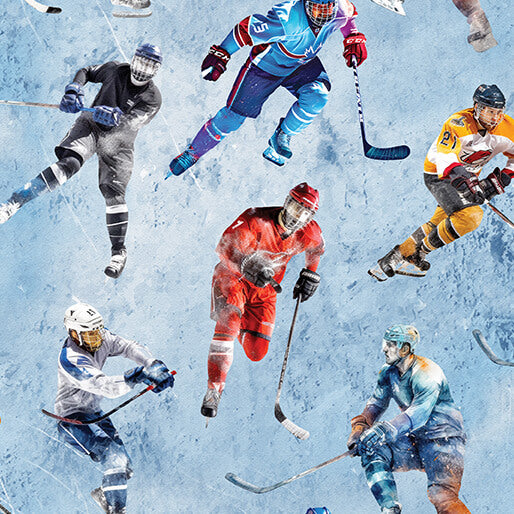 A repeating pattern of ice hockey players in action, featuring various team uniforms in blue, red, yellow, and gray against a light blue icy background.