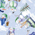Pattern of cartoon snowmen with winter accessories on a light blue background with snowflakes.