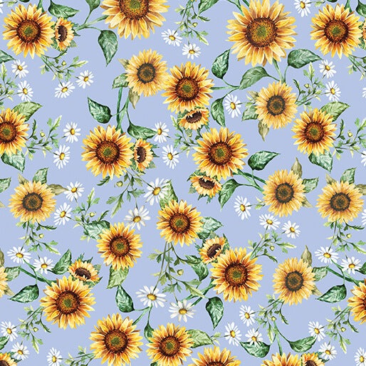 Pattern of sunflowers and daisies on a blue background