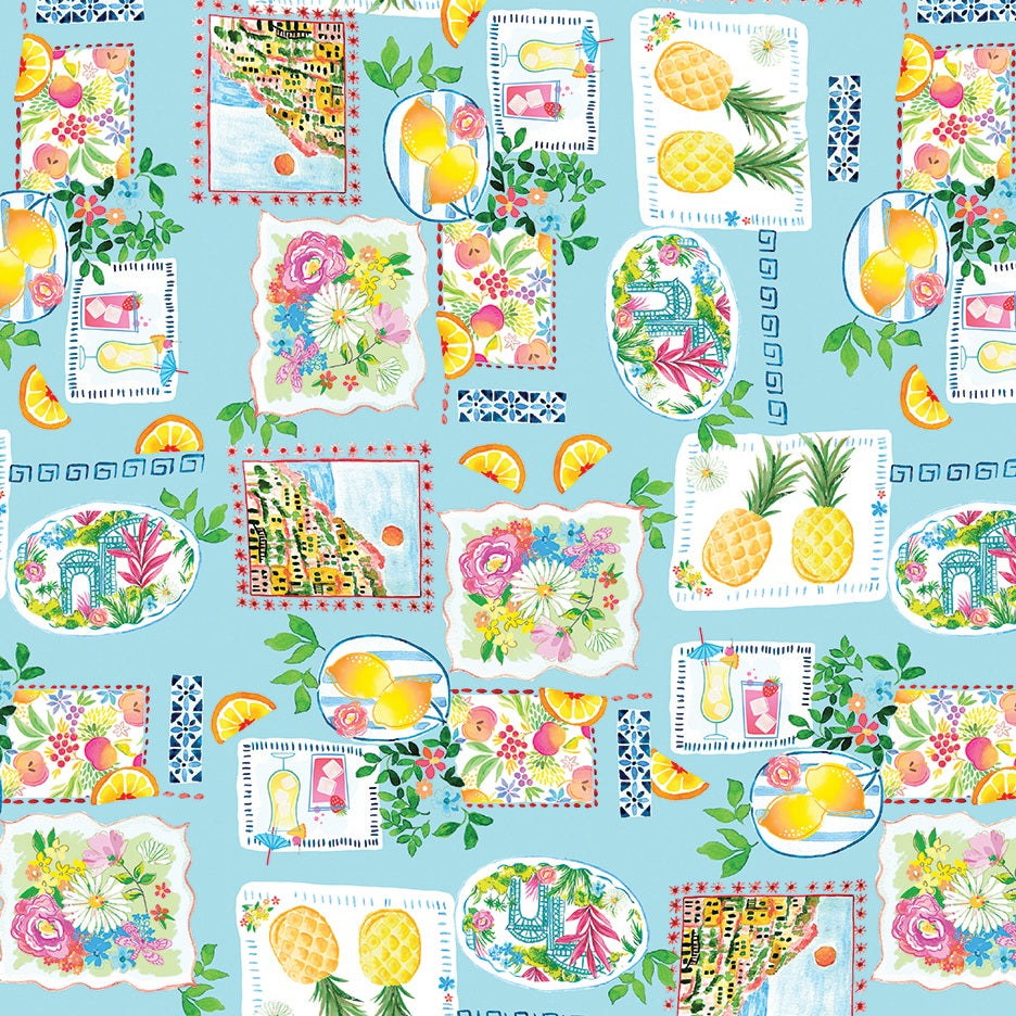Fabric Benartex Light Blue Tropical Stamps Tropical Splash by the Quarter Yard 15183-50