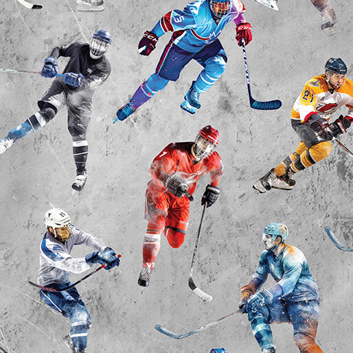 A stylized collage of multiple ice hockey players in action on a gray rink surface, shown in a painterly or textured print-like treatment.
