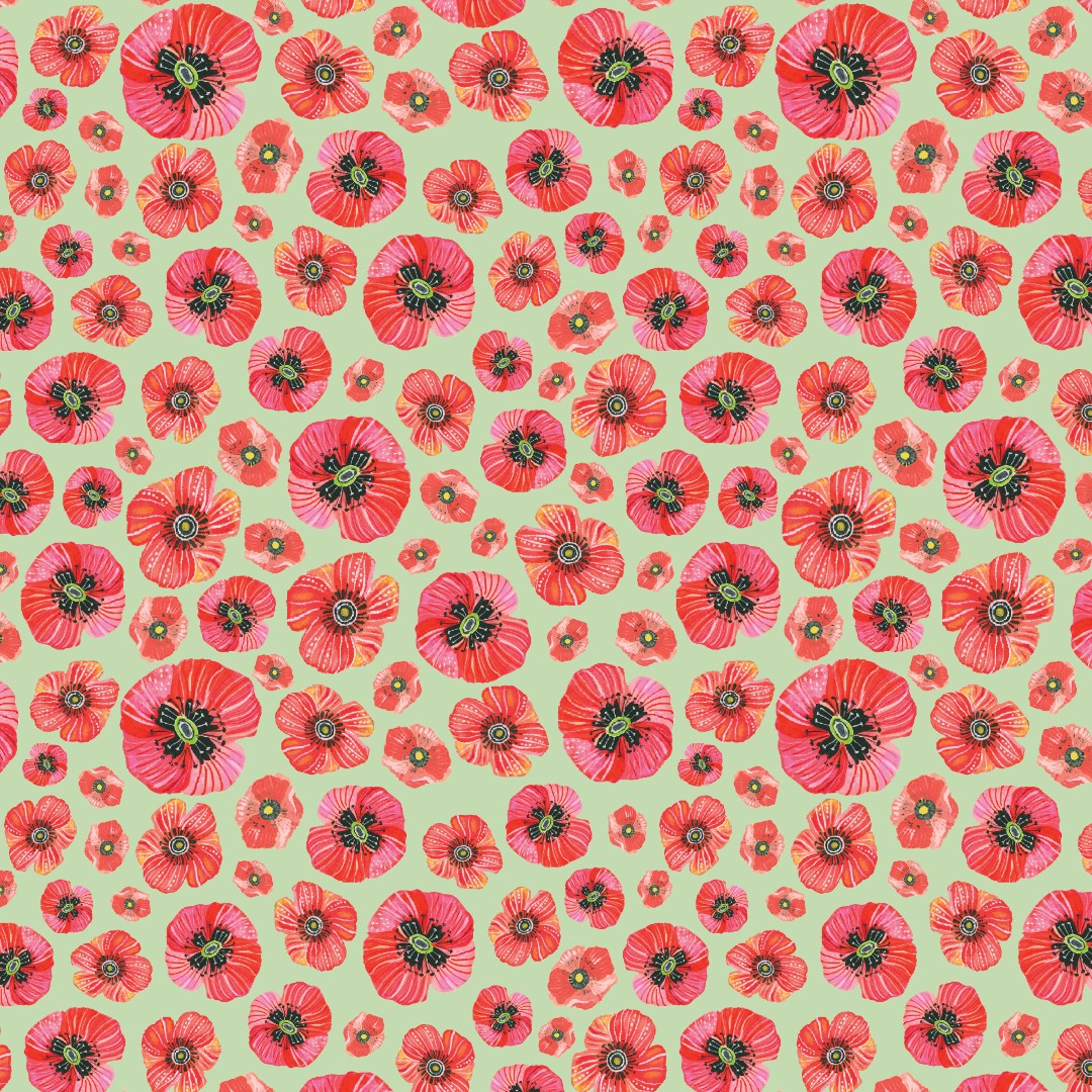 A repeating watercolor-style floral pattern of red poppy flowers with dark centers on a pale yellow-green background.