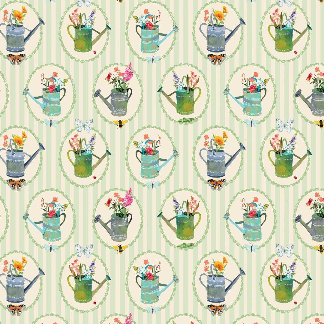 A repeating garden-themed pattern featuring watering cans with flowers, butterflies, and small butterflies on a pale green and cream striped background.