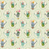 A repeating garden-themed pattern featuring watering cans with flowers, butterflies, and small butterflies on a pale green and cream striped background.
