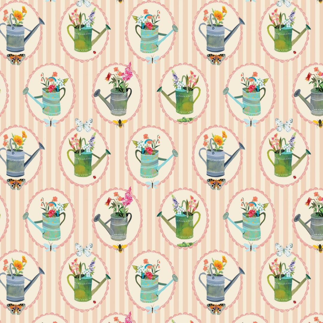A repeating watercolor-style pattern featuring garden watering cans filled with flowers, arranged in a grid over a pale pink and cream striped background.