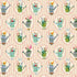 A repeating watercolor-style pattern featuring garden watering cans filled with flowers, arranged in a grid over a pale pink and cream striped background.