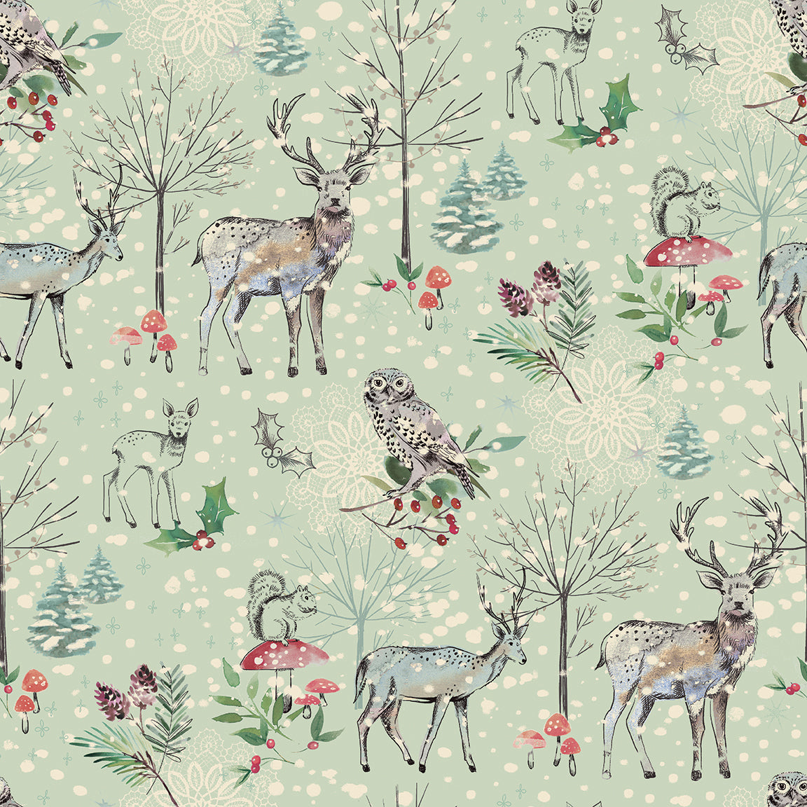 Patterned fabric with deer, owls, and forest elements on a light green background